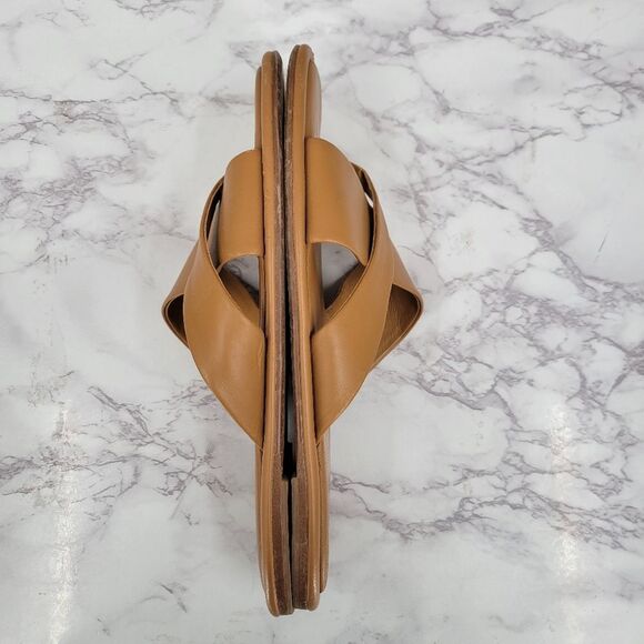 J/SLIDES Tan Leather Sandals Asymmetrical Slip-On Strappy - Picture 6 of 8